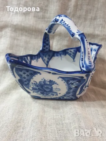 Порцеланова авторска бонбониера,фруктиера,кошница Гжель, снимка 3 - Антикварни и старинни предмети - 49908945