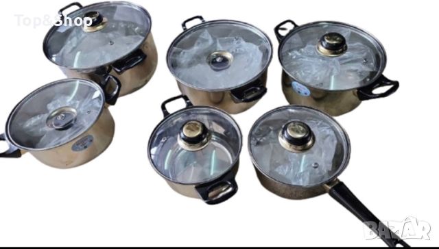 Комплект от 12 части съдове за готвене от неръждаема стомана със стъклени капаци, снимка 3 - Други - 46418050
