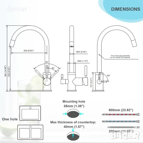 Techzm кухненски смесител 3 в 1 с изход за питейна филтрирана вода, черен, снимка 4 - Смесители - 50469245