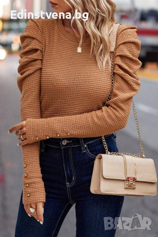 Дамска блуза в цвят карамел с дълги бухнали ръкави, снимка 5 - Блузи с дълъг ръкав и пуловери - 53061662