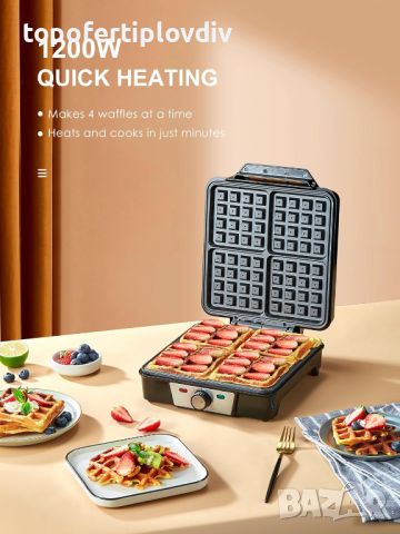 Уред за гофрети Reemix Waffle Iron for 4 Belgian Waffles,Гаранция, снимка 5 - Гофретници - 46766462