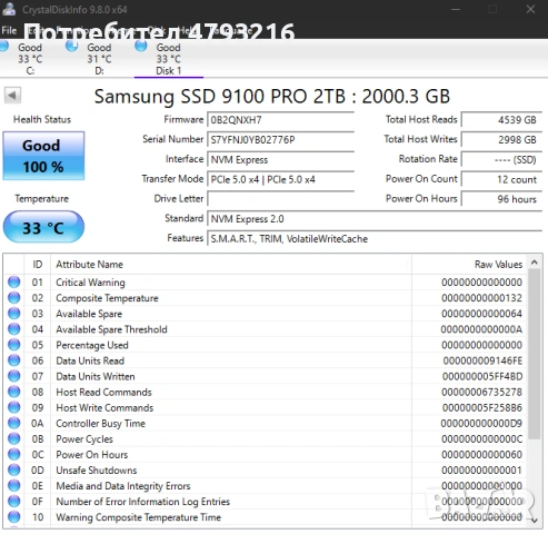 SSD Samsung 9100 pro 2TB 14700/13500 гаранция, снимка 4 - Твърди дискове - 54278451
