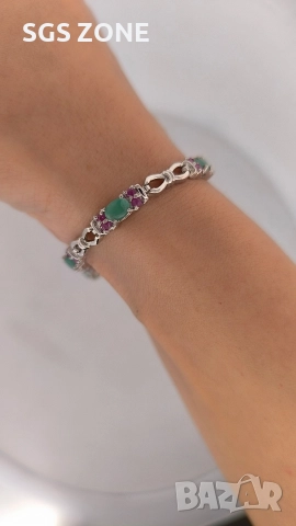 Ръчно изработена сребърна гривна с изумруди и рубини, снимка 3 - Гривни - 52569418