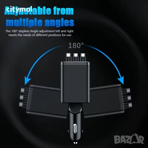 Зарядно за кола 7 в 1, волтметър, бързо зареждане, 3 прибиращи се Type-C кабела, 2хUSB и 2хType-C из, снимка 5 - Зарядни за кола - 53192795