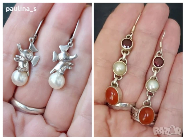 Винтидж / Два чифта / Сребърни обеци с гранати, барокови и Акоя перли и карнеол / проба 925 