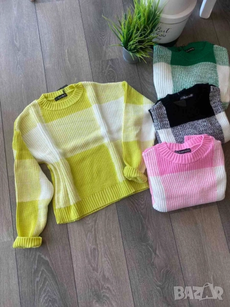 Пуловер с квадрати в черен,зелен,жълт и розов цвят, снимка 1