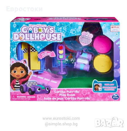 Игрален комплект Gabby's Dollhouse Carlita Purr-ific Play Room - Делукс стая с играчка кола Carlita, снимка 1