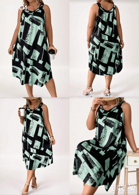 Макси силно еластична рокля без ръкави с извивки в модерен черно-син и черно-жълт десен, снимка 1