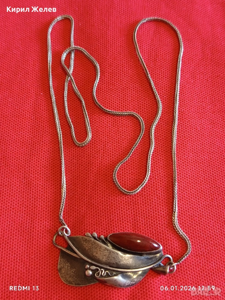 Сребърен ланец с висулка стилизирано листо с инкрустиран Червен Яспис ювелирна изработка 49486, снимка 1