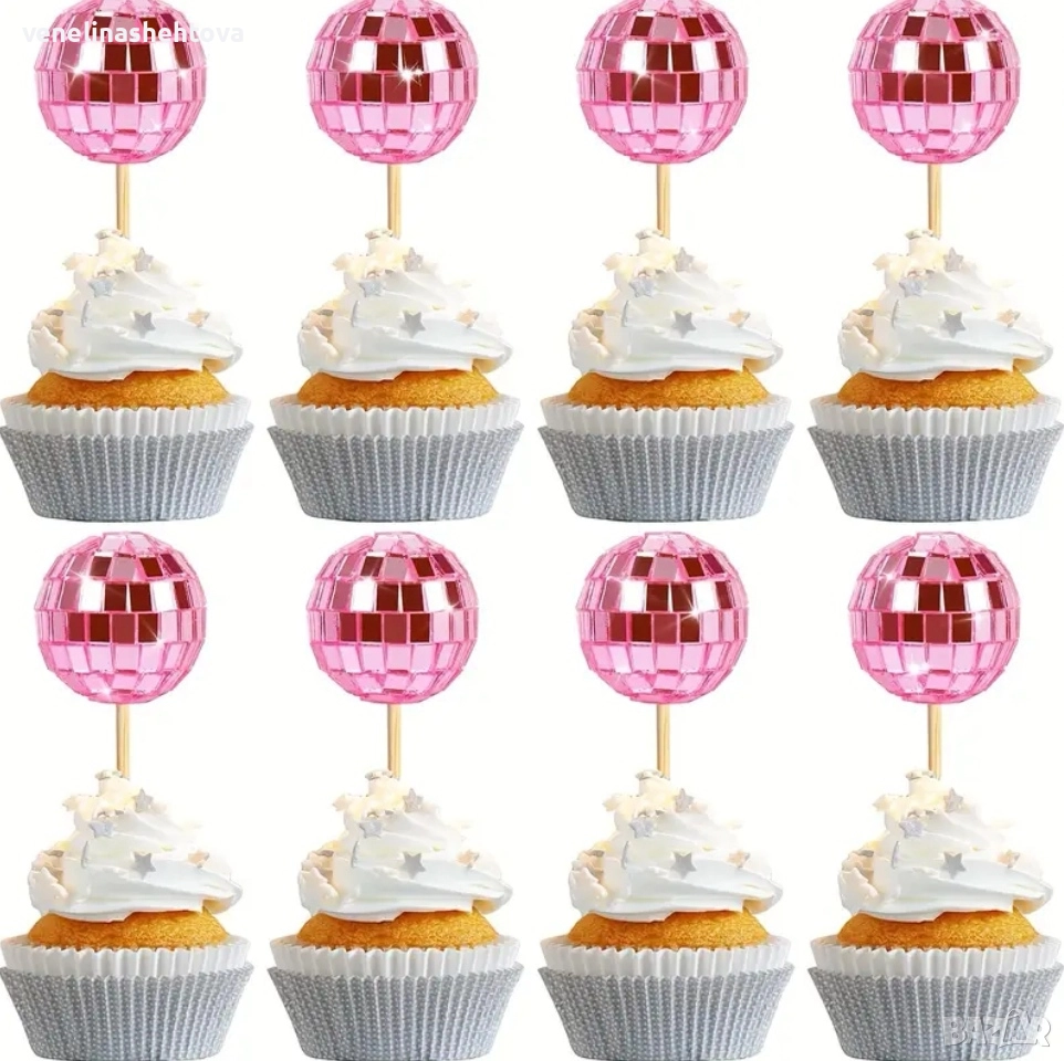 Светло розови огледални диско топки топчета на клечка за декорация на торта мъфини , снимка 1