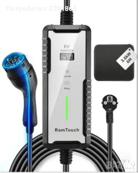 Заряден кабел за електрически автомобили RamTouch тип 2 Schuko 3.7 kW, 1 фаза, 6м. LCD дисплей, снимка 1