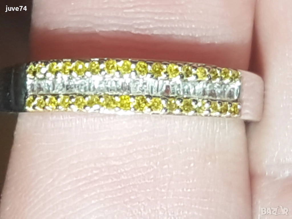 СРЕБЪРЕН  ПРЪСТЕН С  ЕСТЕСТВЕНИ ЖЪЛТИ  И БЕЛИ  ДИАМАНТИ  СЕРТИФИКАТ , снимка 1