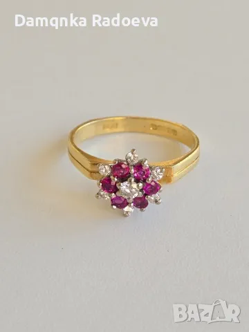 Златен пръстен с Диаманти и Рубини 18 карата,проба 750, снимка 14 - Пръстени - 47890971