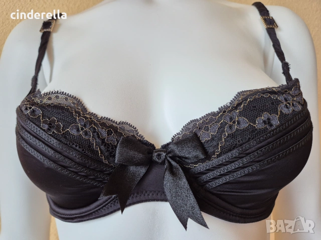 Черен Сатенен Сутиен 70C, С банел, Балконет черно със златно, снимка 3 - Бельо - 53921906