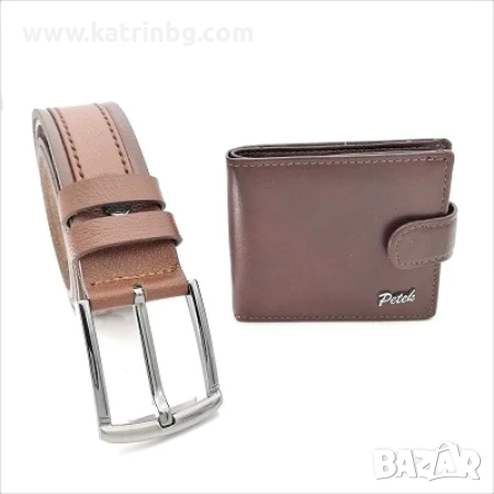Мъжки комплект колан и портмоне естествена кожа в кафяво, снимка 1
