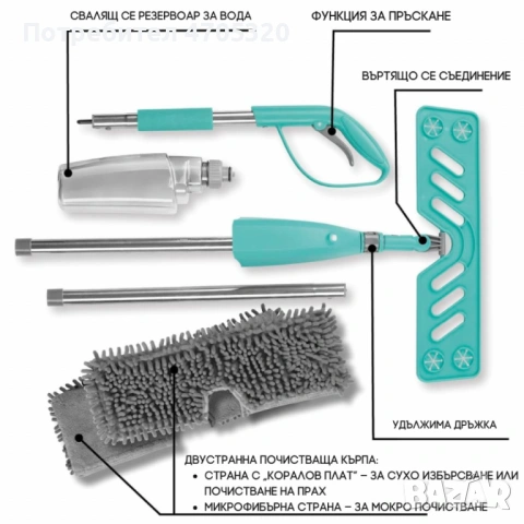 Спрей моп CLEANmaxx със сменяема кърпа и телескопична дръжка – чист под без кофа и без навеждане, снимка 4 - Мопове, кофи, четки и метли - 53064687