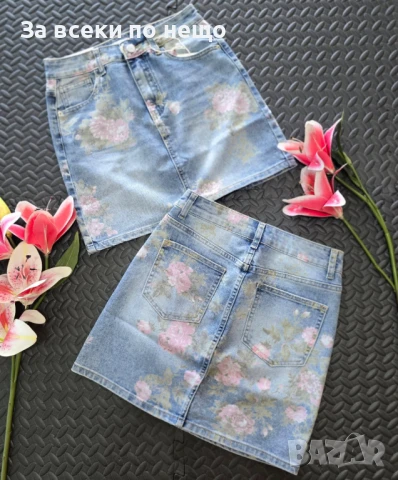 Дамска Синя Къса Дънкова Пола С Флурален Мотив🔝Дамска Пола с Флорални Детайли Деним Код VL-94
