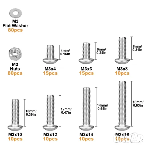 Болт 3мм гайка, шайба, болтчета дължина 4/6/8/10/12/14/16мм, снимка 1 - Други инструменти - 48618870