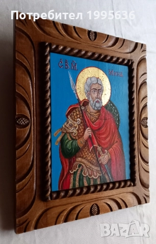 Дърворезбована рамка с икона " Св. Мина "- иконопис. , снимка 4 - Икони - 51749271