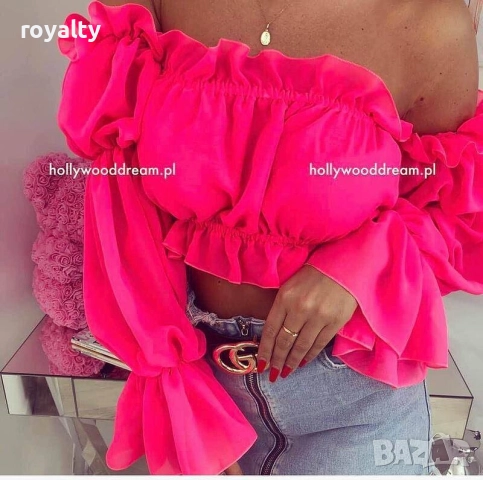 Блуза с паднали рамена розов неон