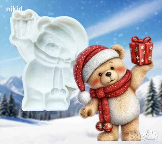 Коледно мече с подарък силиконов молд форма фондан гипс декор 