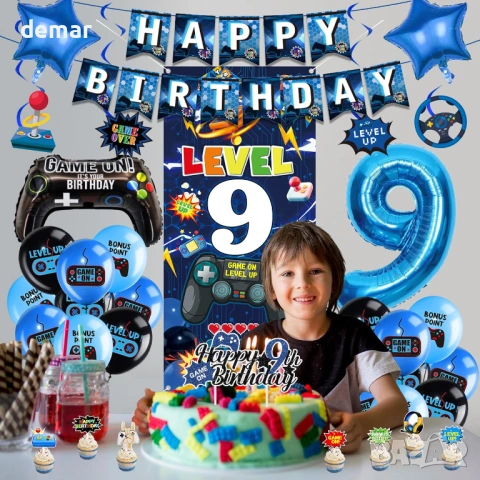 Декорации за 9-ти рожден ден за игри за момчета - 41 бр. сини банери за видеоигри, снимка 4 - Декорация за дома - 53656422