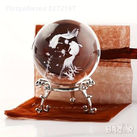 3D Прозрачен орнамент Златни рибки в кристална топка 60 мм + стойка орнамент , снимка 2 - Статуетки - 46248974