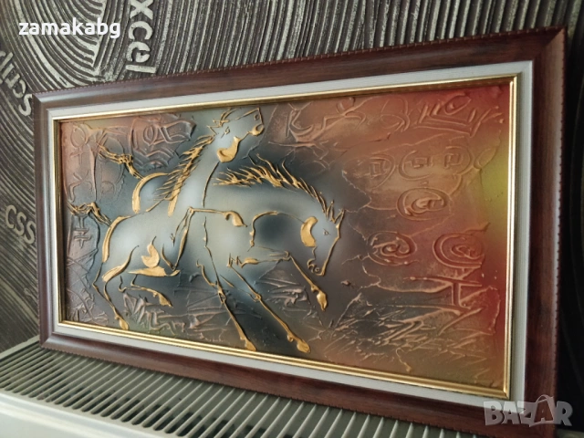 Авторска Картина Двойка Коне, 20x40 см (без рамката), Теника Смесена, Пластмасова рамка, Иван Тодоро, снимка 2 - Картини - 54043487