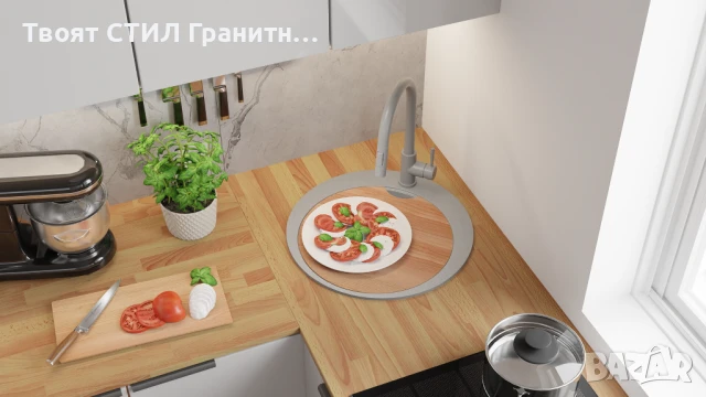 Сива кръгла кухненска мивка от гранит Пиза 45 Top 500 x 500 мм, снимка 5 - Мивки - 50782877