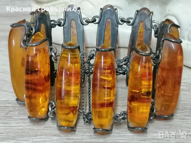 Масивна сребърна Fishland с балтийски кехлибар , снимка 7 - Гривни - 53903584