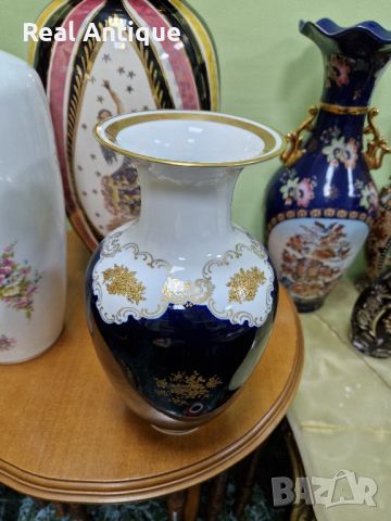 Рядка уникална антикварна колекционерска порцеланова немска ваза кобалт с позлата Reichenbach, снимка 2 - Вази - 45713468