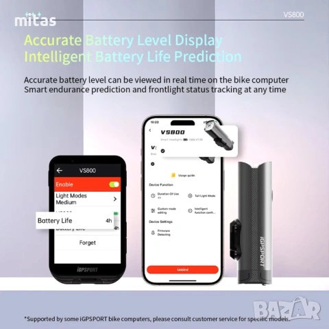 Предна SMART LED фар светлина за велосипед IGPSPORT VS1800, 800 lm, Bluetooth, USB-C, снимка 15 - Аксесоари за велосипеди - 54191380