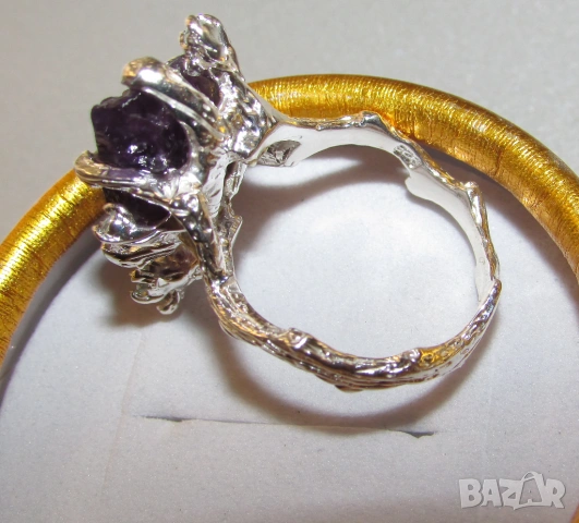 925 сребърен пръстен с необработен аметист размери 16x10мм, снимка 3 - Пръстени - 53756392