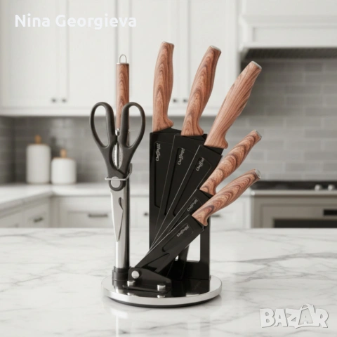 Комплект ножове Cheffinger – 8 части със стойка, точило и ножица за подредена и удобна кухня, снимка 2 - Други - 53849853
