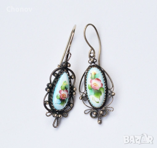 Стари Съветски порцеланови обеци от мелхиор, снимка 3 - Антикварни и старинни предмети - 53428648