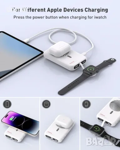 Galeces Безжично зарядно Power Bank Magsafe за iPhone16/15/14/13/12 и Apple Watch, USB C, 10000mAh , снимка 7 - Оригинални зарядни - 47753019