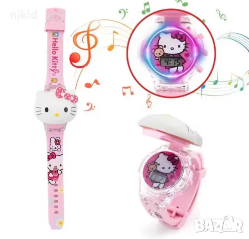 Хелоу Коте Кити Hello Kitty глава детски часовник музикален светещ прожектор прожектиращ дигитален, снимка 2 - Детски - 49920297