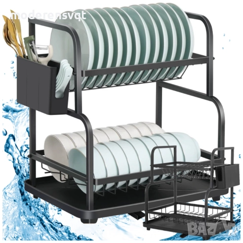 Сушилник за чинии на 2 нива с улей за мивка черен