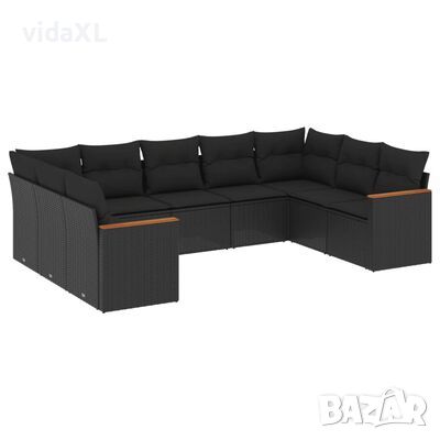 vidaXL Градински комплект диван с възглавници 9 части черен полиратан(SKU:3258674