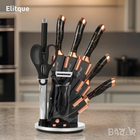 Комплект уреди за рязане Cheffinger – 9 части с мраморно покритие, стойка, точило и белачка, снимка 2 - Други - 53427222