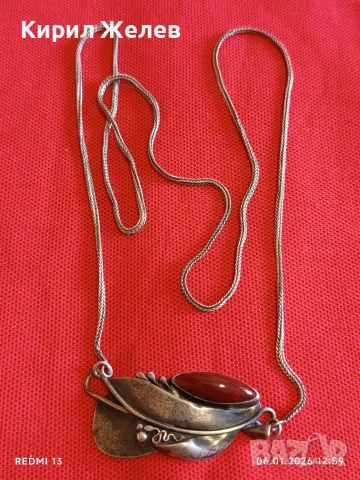 Сребърен ланец с висулка стилизирано листо с инкрустиран Червен Яспис ювелирна изработка 49486