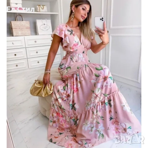 💕Дълга розова рокля на цветя с къс ръкав