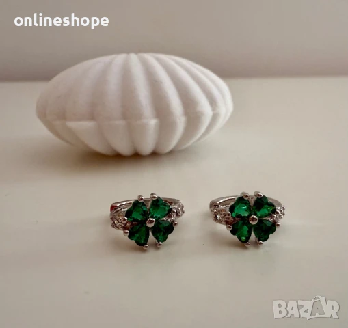 S925 Сребърни обеци с камък ( зелен цирконий ) детелина, снимка 3 - Обеци - 50962399