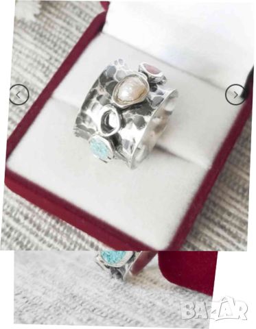 Сребърен пръстен с подвижна въртяща халка с камъни и перла, уникален бутиков дамски пръстен, снимка 9 - Пръстени - 46017791