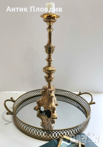 Висок месингов свещник с декоративна основа, снимка 5 - Декорация за дома - 16600536