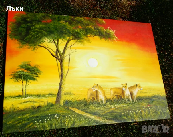 Картина Лъв,Лъвове,масло върху платно,подпис,100 см. , снимка 2 - Картини - 51318830