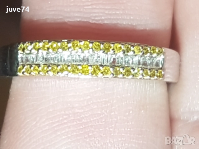 СРЕБЪРЕН  ПРЪСТЕН С  ЕСТЕСТВЕНИ ЖЪЛТИ  И БЕЛИ  ДИАМАНТИ  СЕРТИФИКАТ 