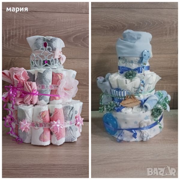 Торти от памперси и кошници подходящи за подарък на новородено бебе , снимка 1