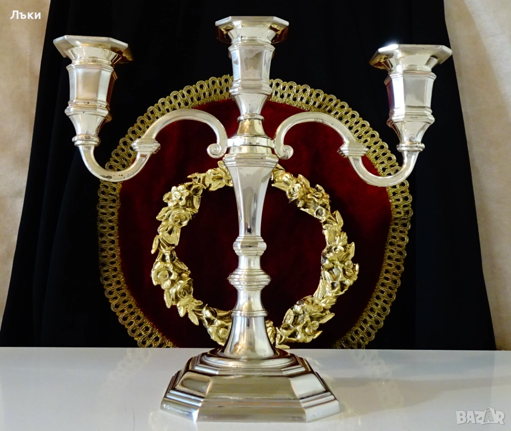 Посребрен свещник тройка,троен свещник от мед. , снимка 1