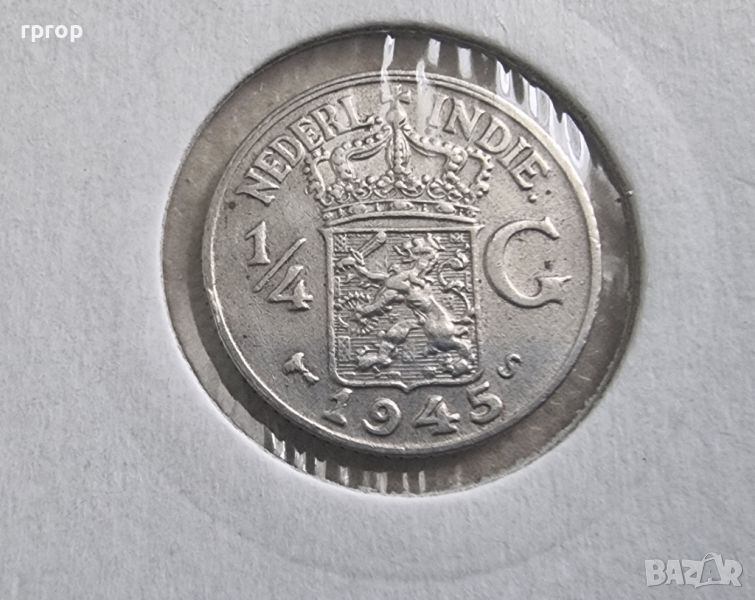Сребро. Нидерландска Индия .¼  гулдена. 1945 година. Рядка монета.., снимка 1